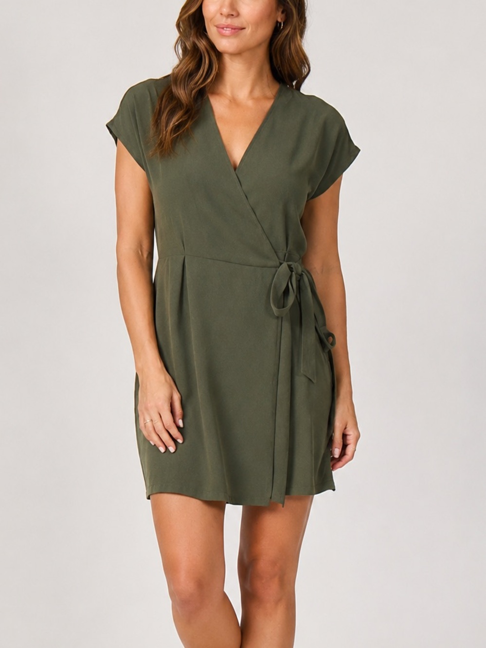 Bobeau Petite Olive Green Wrap Tie Waist Dress - Large Petite